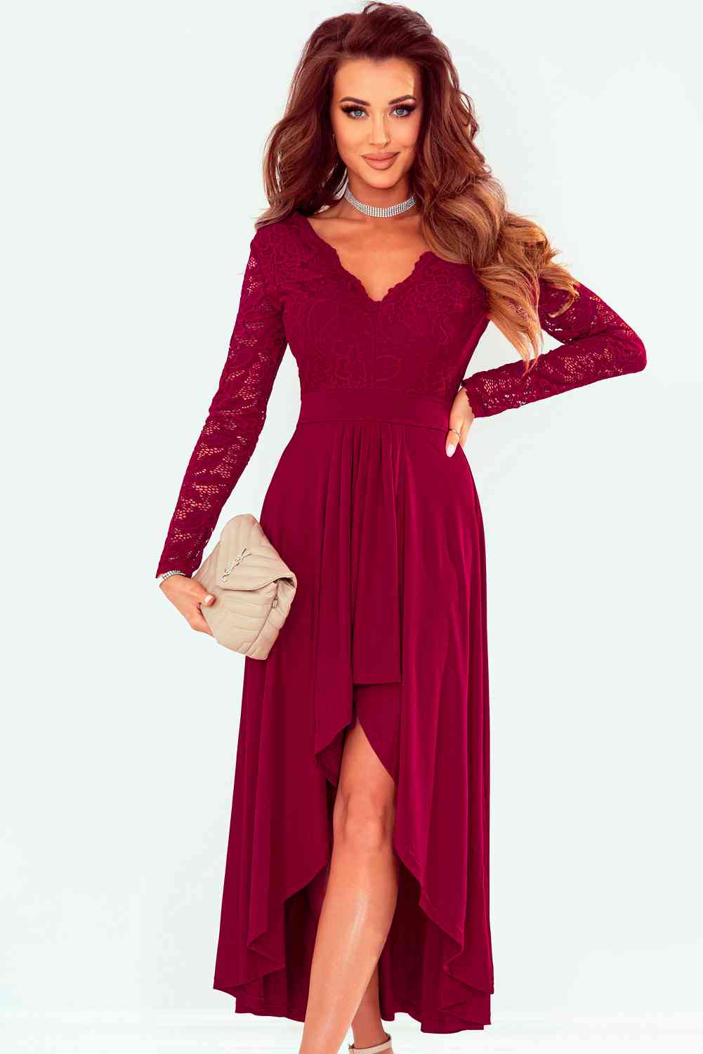 Lace High-Low V-Neck Dress Bazaarbey