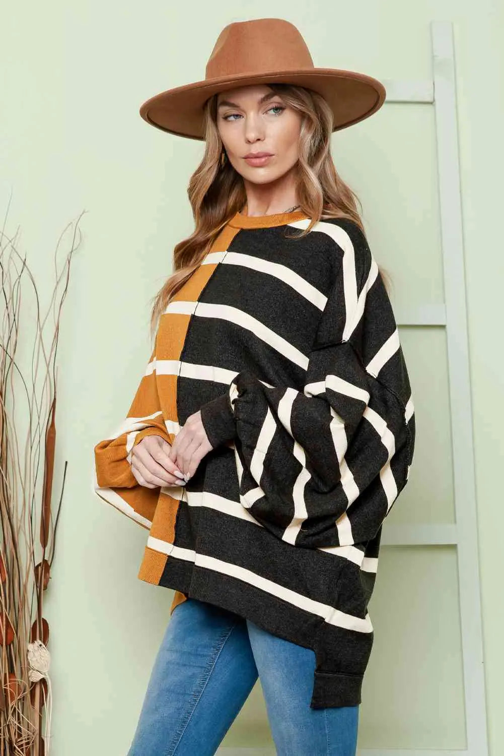 Striped Dropped Shoulder Round Neck Blouse Bazaarbey