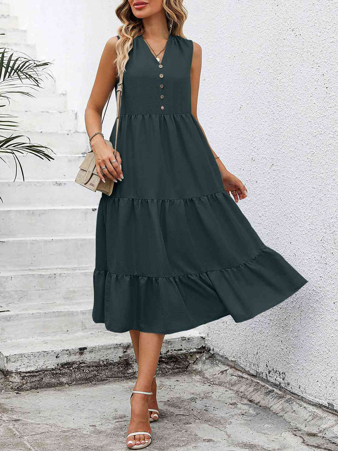 V-Neck Sleeveless Tiered Dress -BazaarBey - www.shopbazaarbey.com