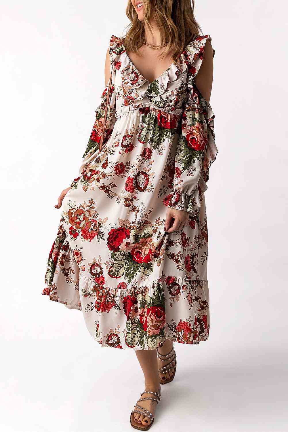 Floral Cold-Shoulder Ruffled Dress -BazaarBey - www.shopbazaarbey.com