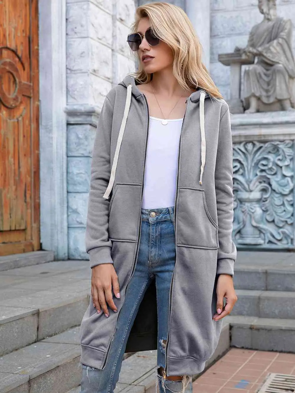 Zip-Up Longline Hoodie with Pockets Bazaarbey