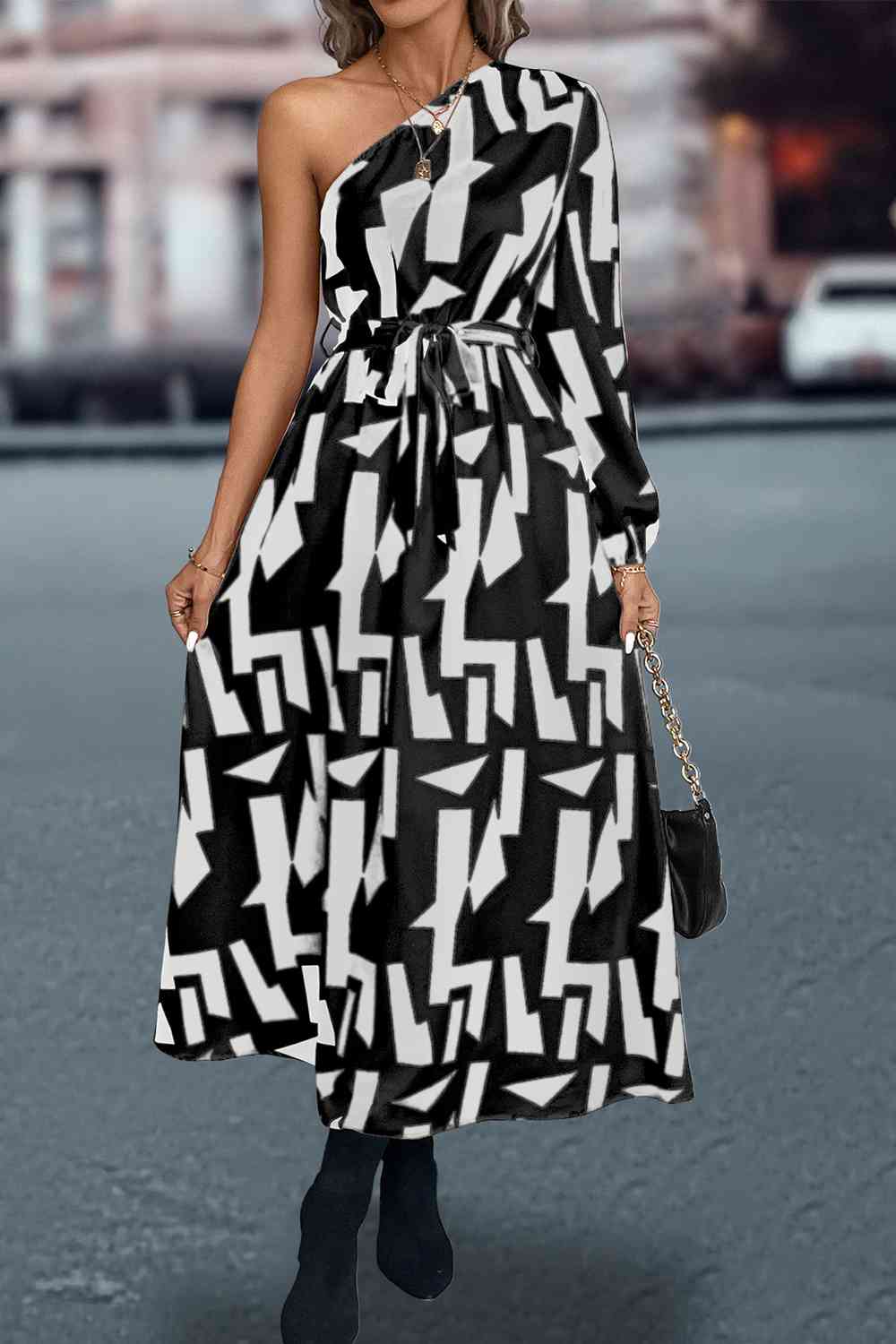 Printed One-Shoulder Tie Waist Dress -BazaarBey - www.shopbazaarbey.com