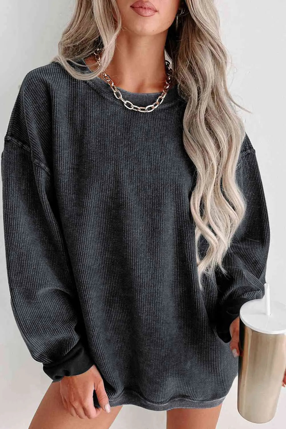 Round Neck Dropped Shoulder Sweatshirt Bazaarbey