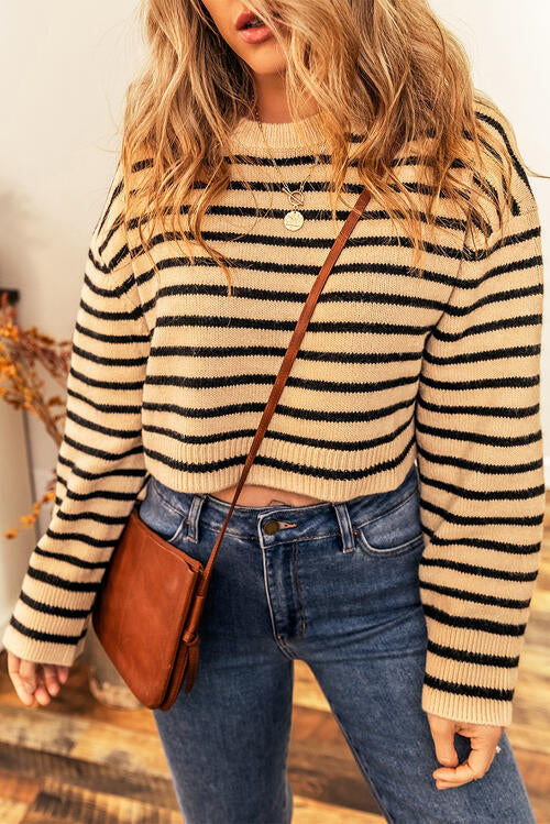 Striped Round Neck Long Sleeve Cropped Sweater Bazaarbey