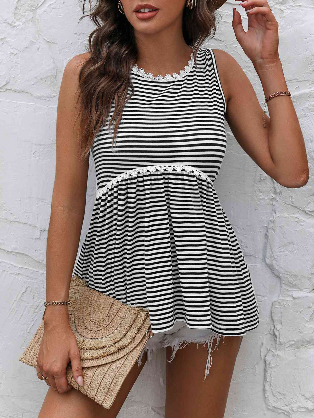 Striped Lace Trim Round Neck Tank Bazaarbey