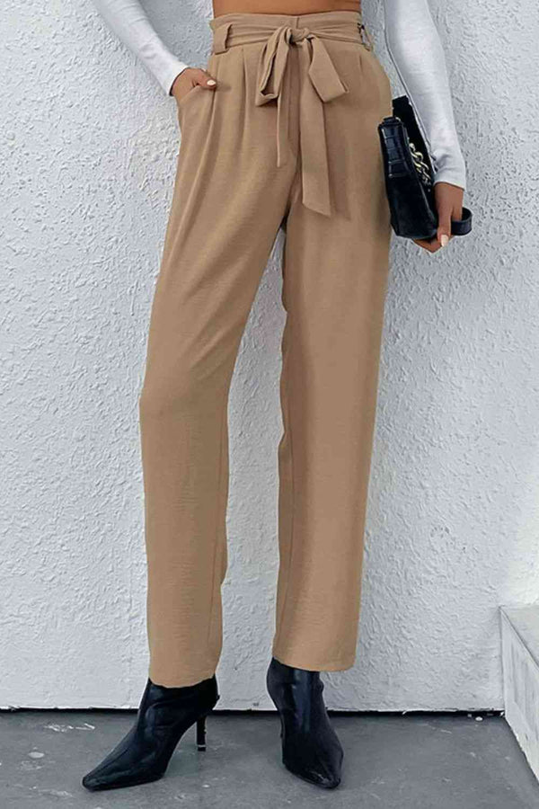 Belted Straight Leg Pants with Pockets Bazaarbey