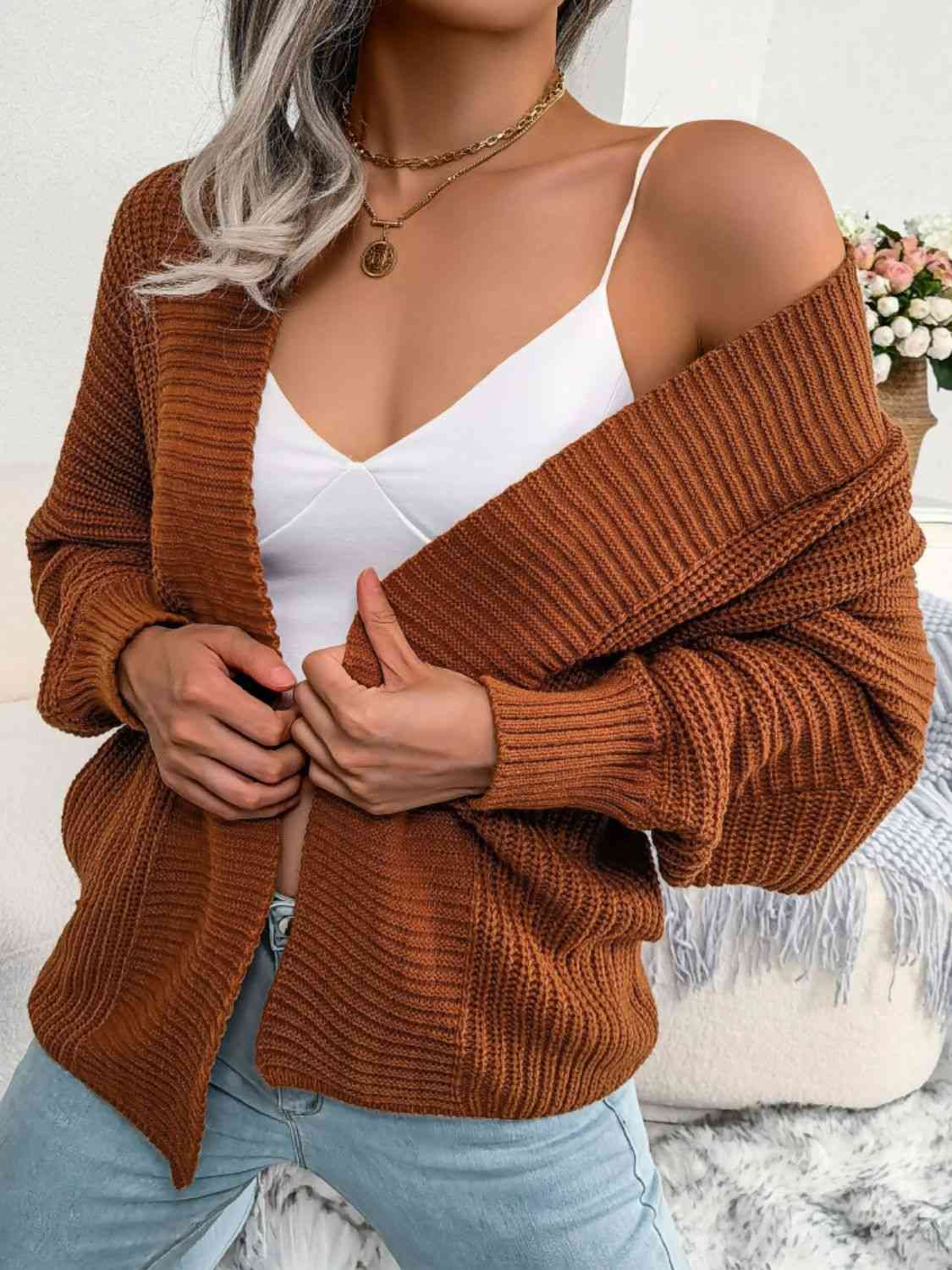 Rib-Knit Open Front Dolman Sleeve Cardigan Trendsi