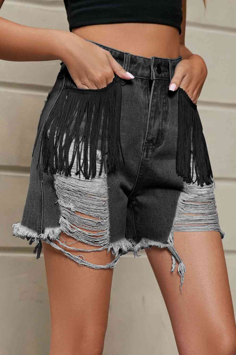 Fringe Trim Distressed Denim Shorts with Pockets Bazaarbey