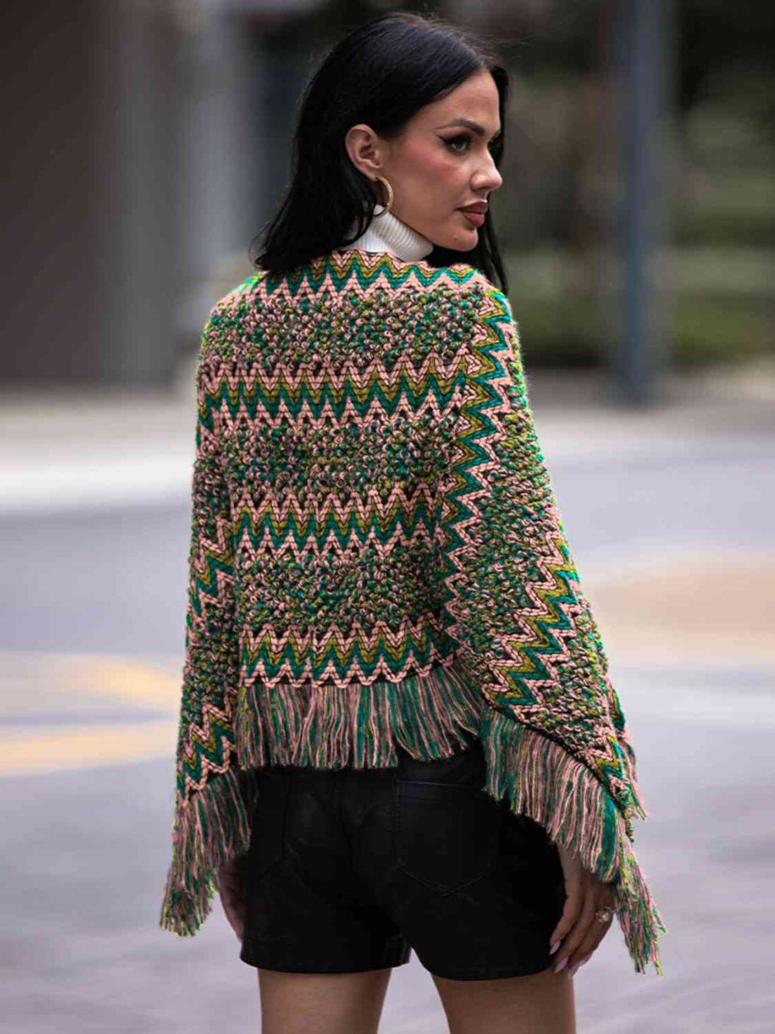 Fringe Hem Boat Neck Poncho Bazaarbey