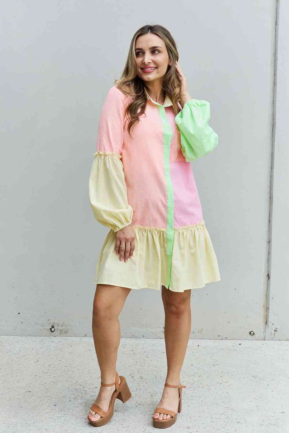 Davi & Dani Flying Colors Full Size Colorblock Long Sleeve Shirt Dress -BazaarBey - www.shopbazaarbey.com