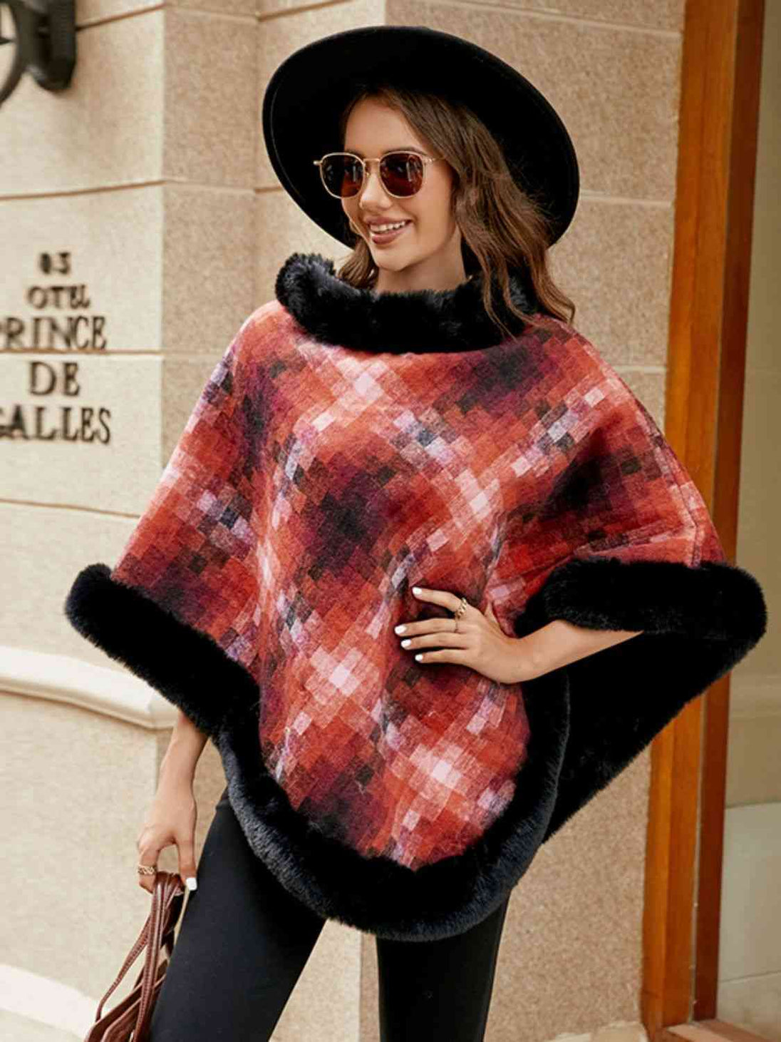 Faux Fur Trim Poncho Trendsi