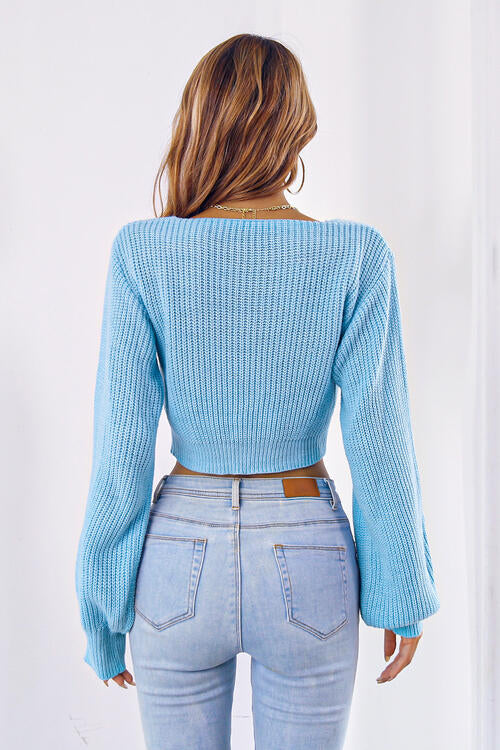 Bow V-Neck Long Sleeve Cropped Sweater Bazaarbey