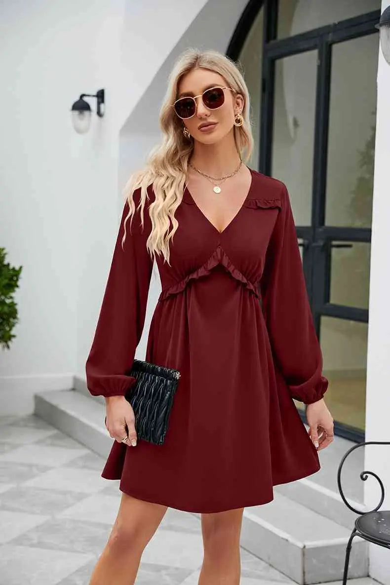 Frill Trim V-Neck Long Sleeve Dress -BazaarBey - www.shopbazaarbey.com