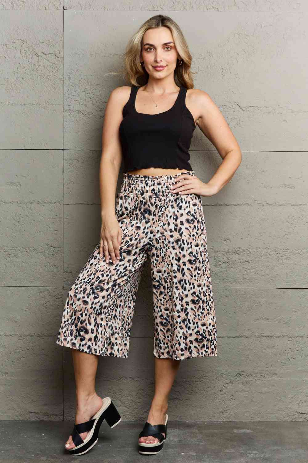 Ninexis Leopard High Waist Flowy Wide Leg Pants with Pockets Bazaarbey