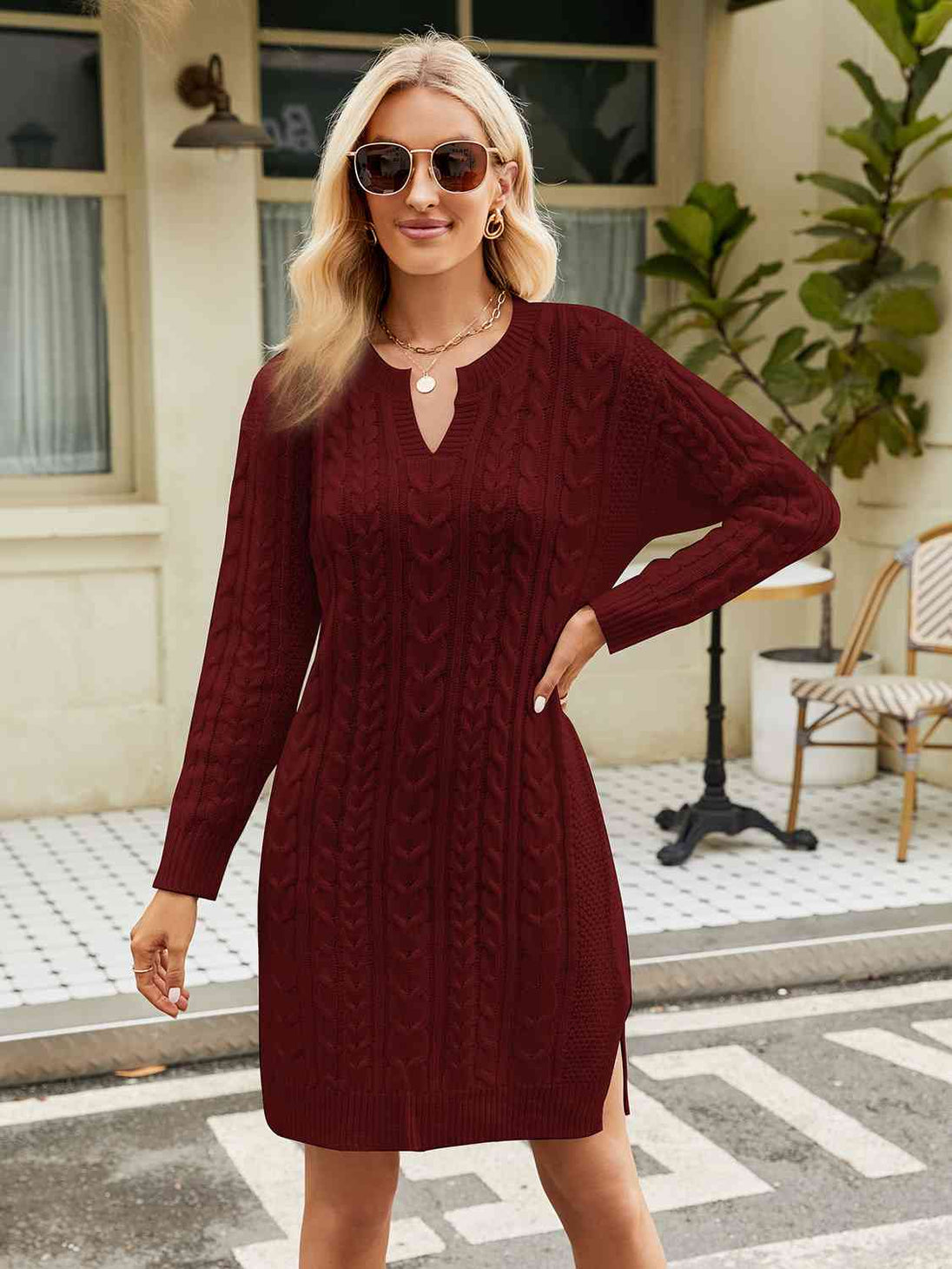 Notched Neck Cable-Knit Slit Sweater Dress Bazaarbey