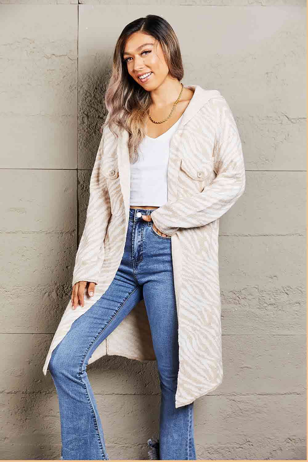  Printed  Hooded  Cardigan Trendsi