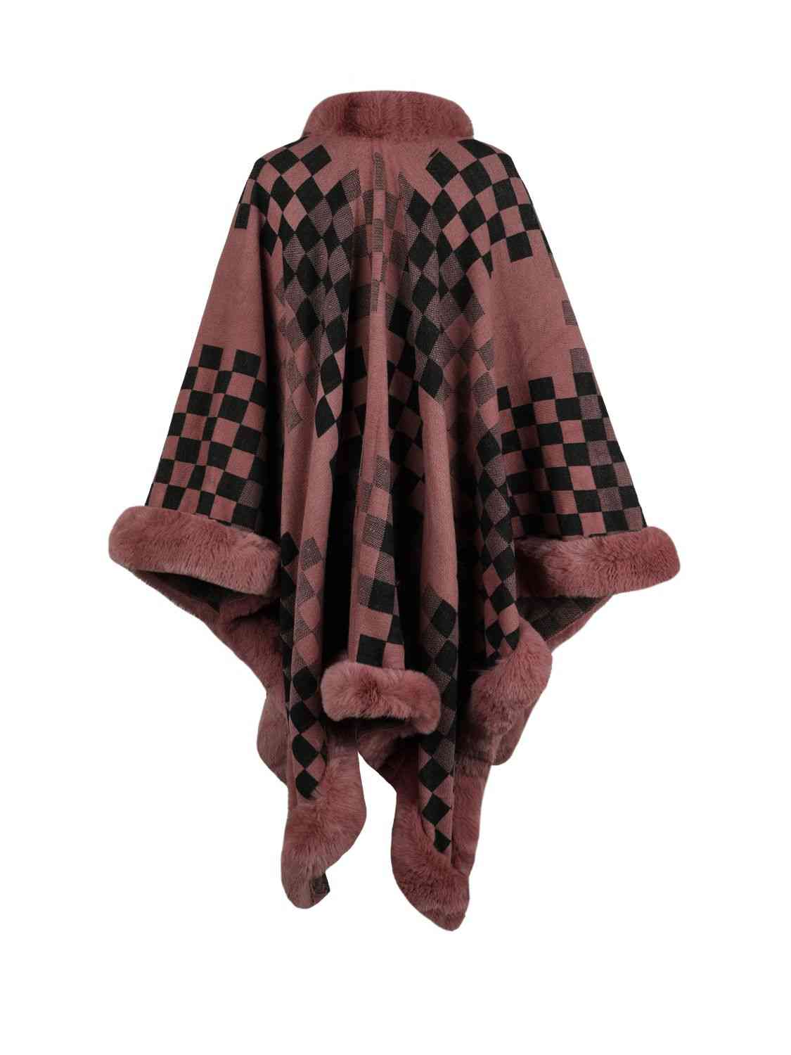 Checkered Faux Fur Trim Poncho Bazaarbey