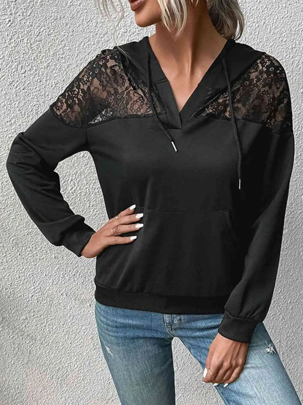 Lace Trim Dropped Shoulder Hoodie Bazaarbey