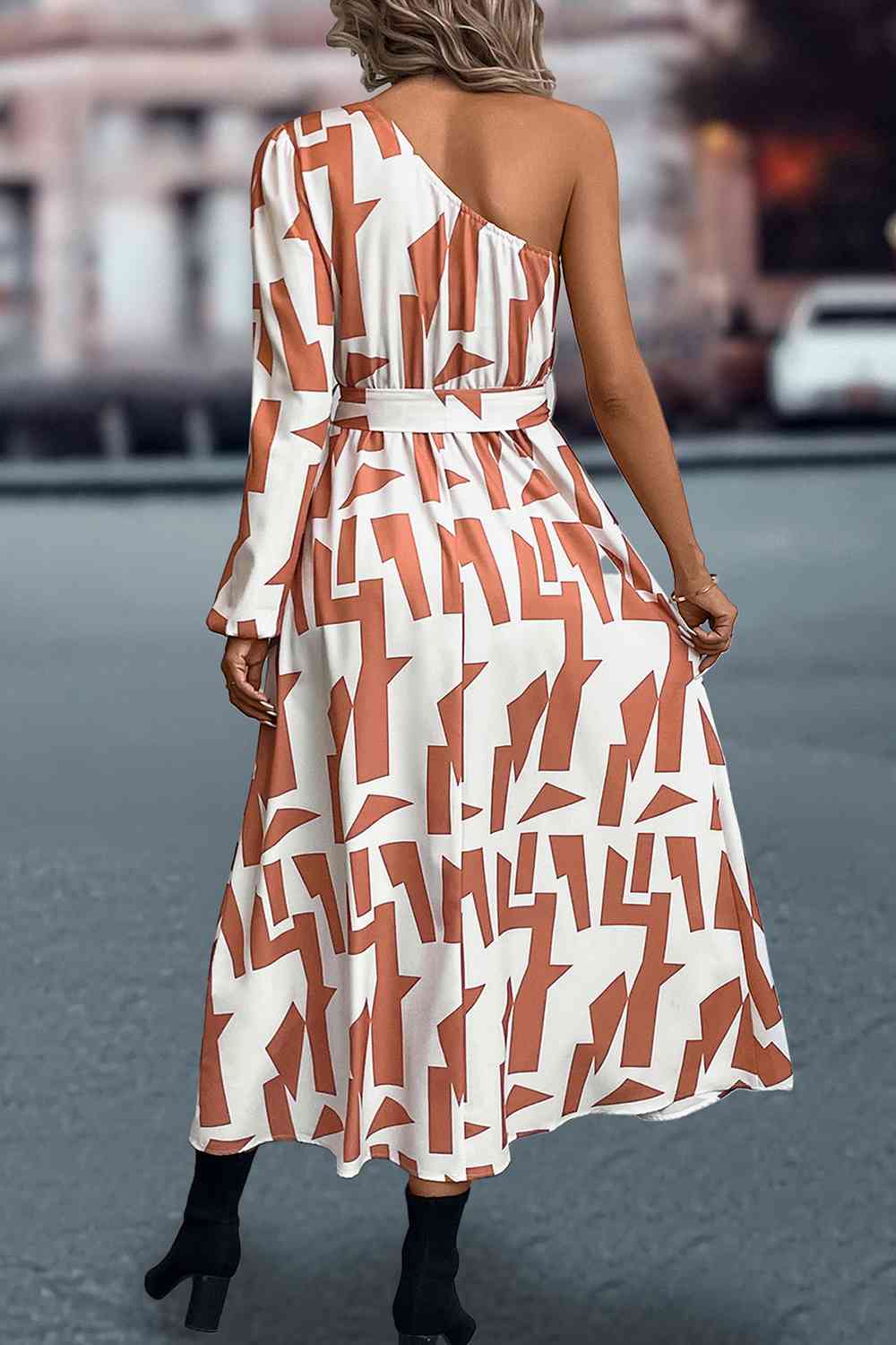 Printed One-Shoulder Tie Waist Dress -BazaarBey - www.shopbazaarbey.com