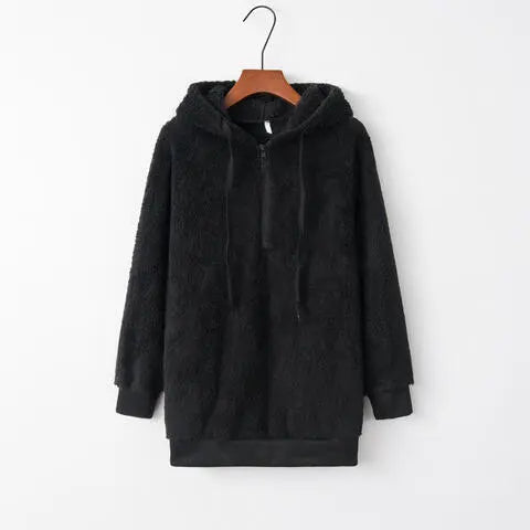 Quarter-Zip Drawstring Teddy Hoodie Bazaarbey