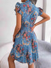 Pleated Floral Printed Tie Neck Knee Length Dress -BazaarBey - www.shopbazaarbey.com