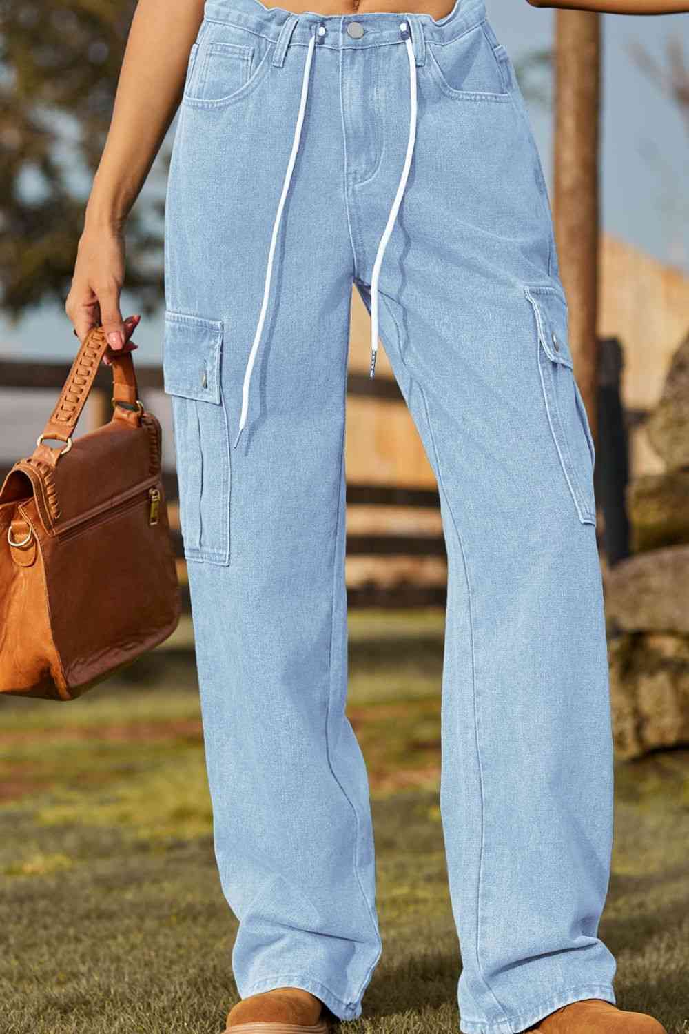 Loose Fit Drawstring Jeans with Pocket Bazaarbey