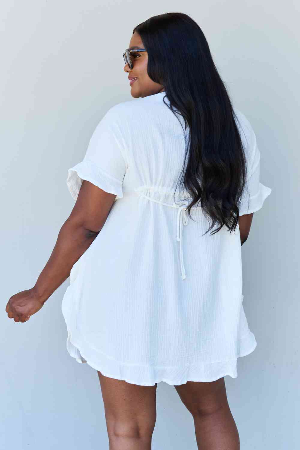 Ninexis Out Of Time Full Size Ruffle Hem Dress with Drawstring Waistband in White Bazaarbey