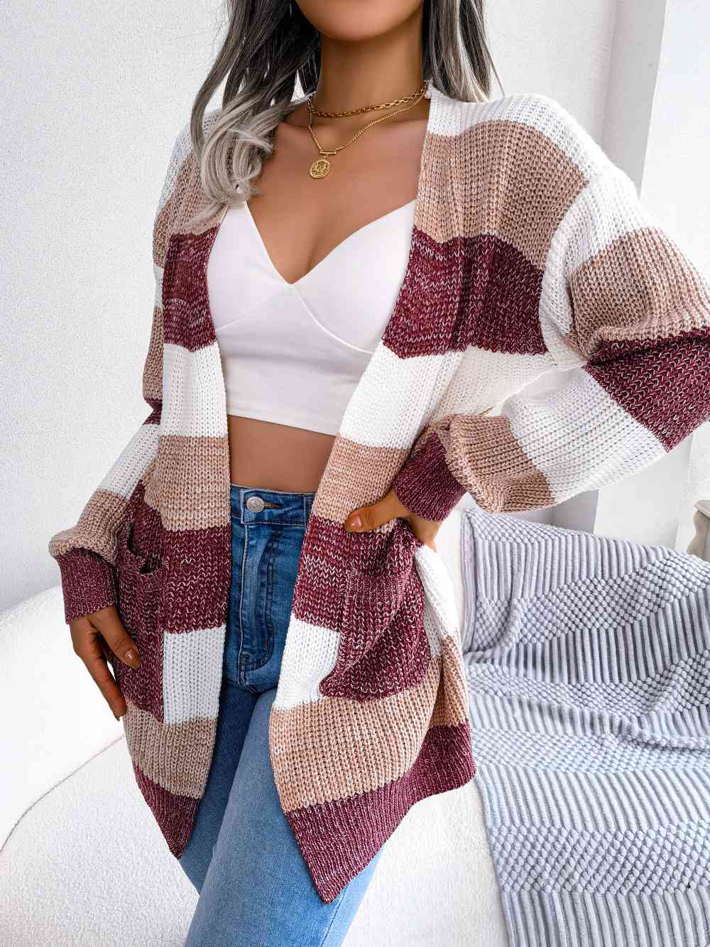 Striped Rib-Knit   Cardigan Trendsi