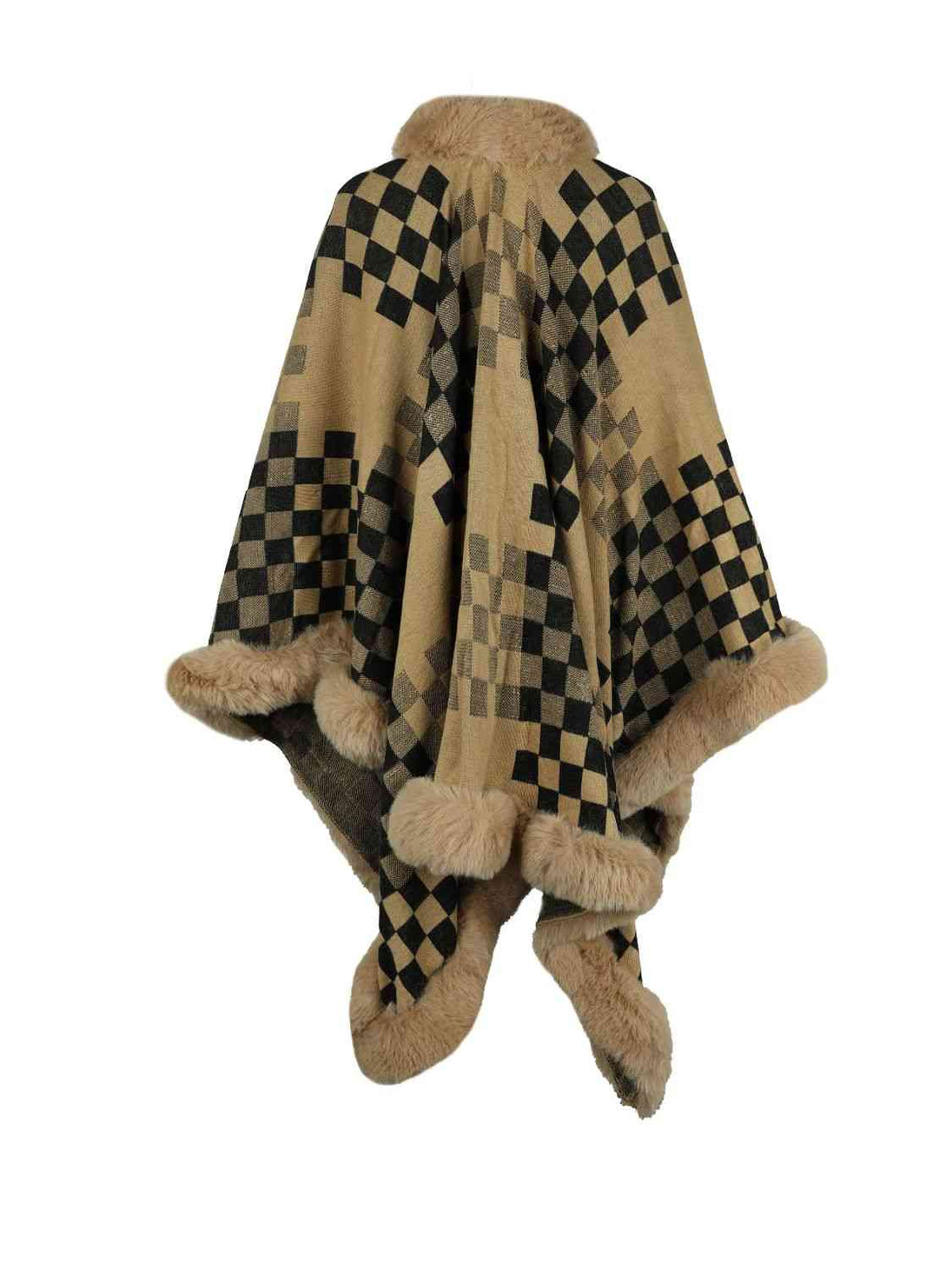 Checkered Faux Fur Trim Poncho Bazaarbey