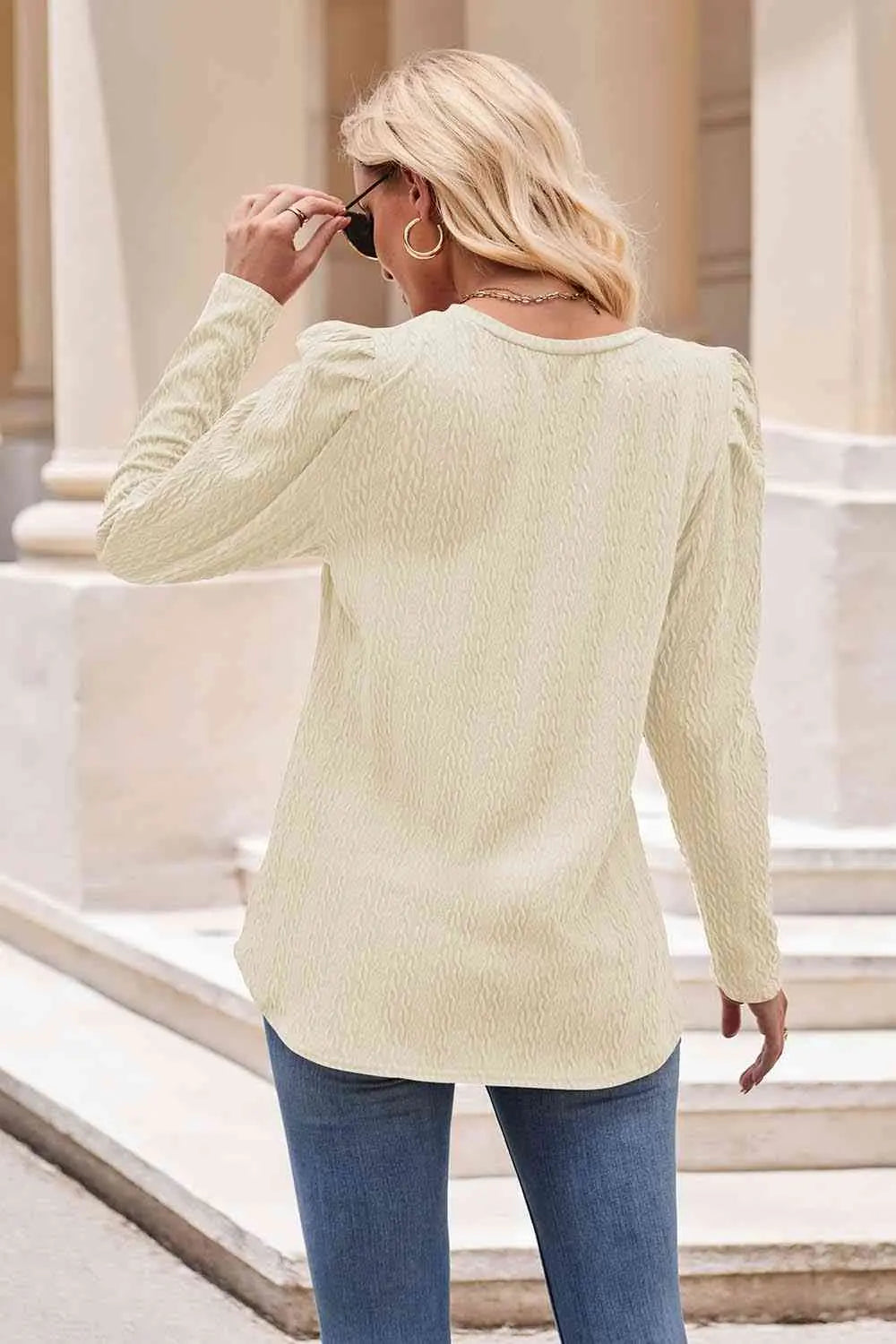 Round Neck Puff Sleeve Blouse Trendsi