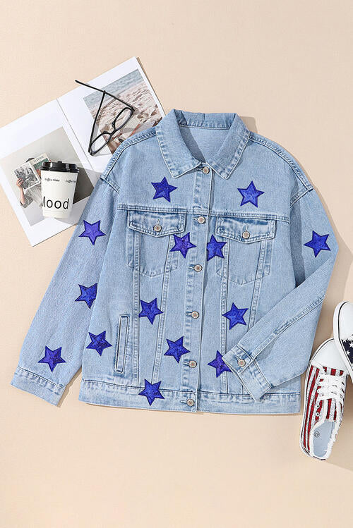 Pocketed Geometric Collared Neck Denim Jacket Bazaarbey