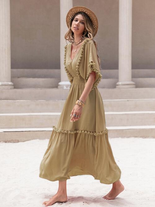 Tassel Trim Smocked V-Neck Short Sleeve Dress Bazaarbey