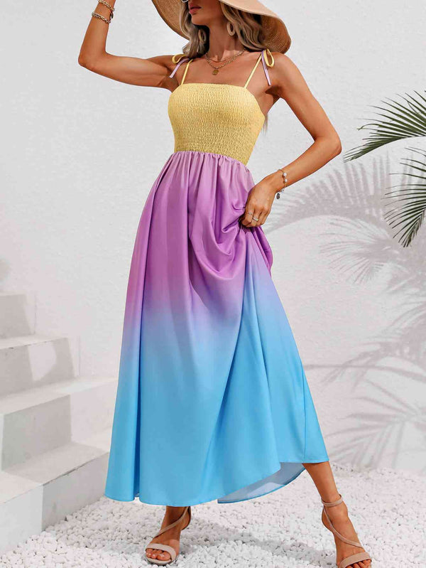 Color Block Tie Shoulder Smocked Maxi Dress Bazaarbey