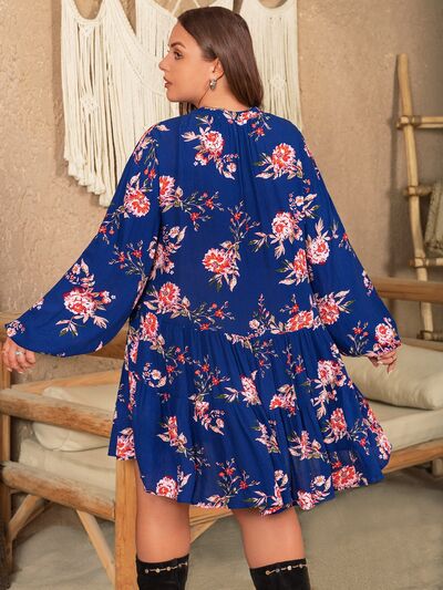 Plus Size Printed Tie Neck Balloon Sleeve Mini Dress -BazaarBey - www.shopbazaarbey.com