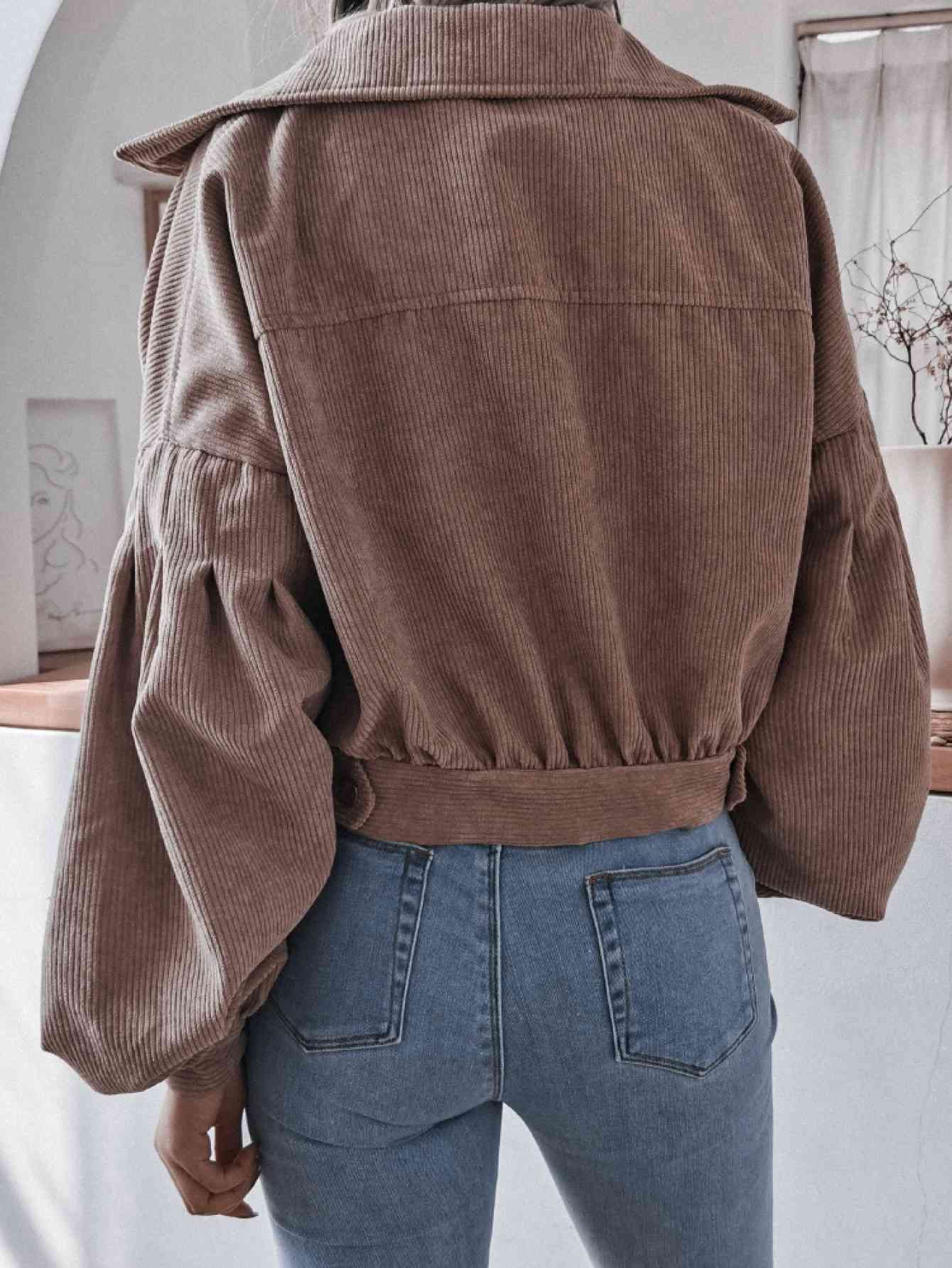 Lantern Sleeve Cropped Corduroy Jacket Trendsi