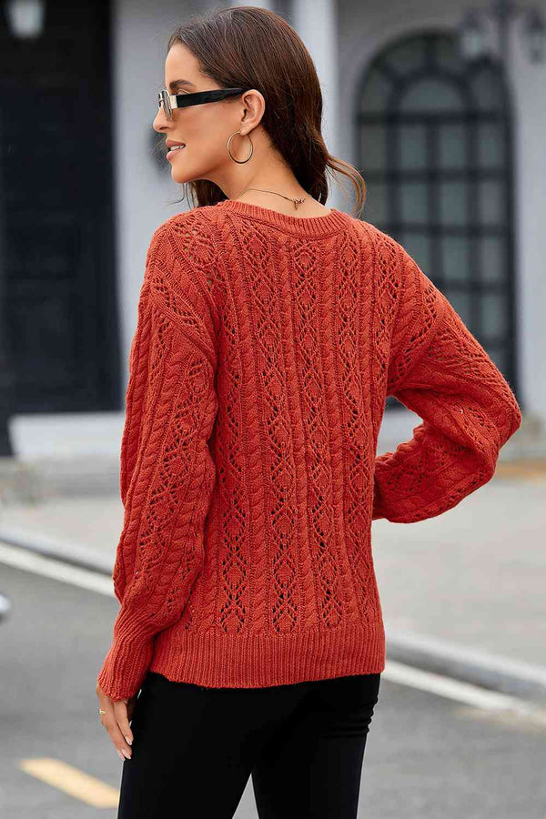 Cable-Knit Round Neck Long Sleeve Sweater Bazaarbey