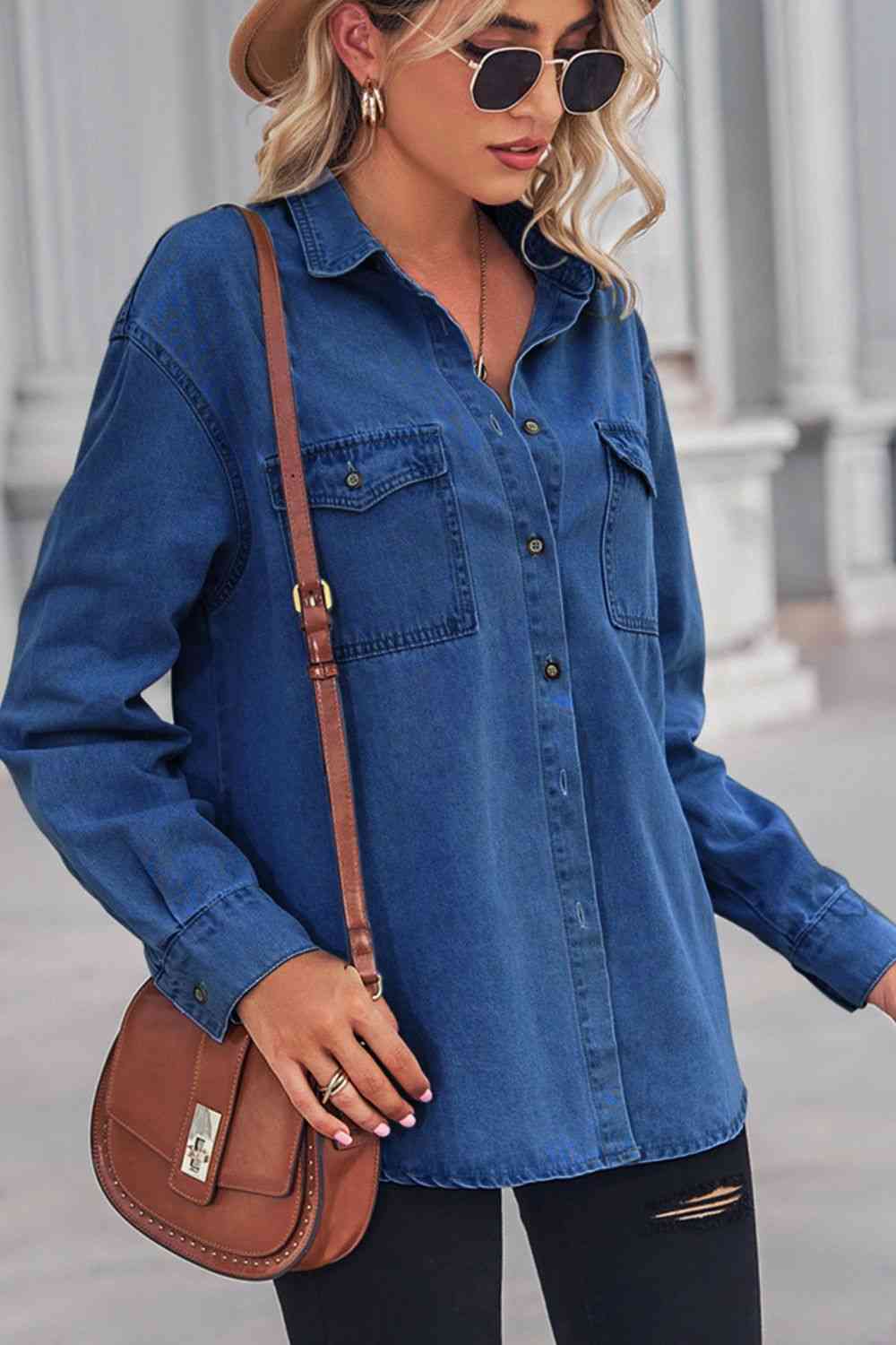 Collared Neck Dropped Shoulder Denim Top Bazaarbey