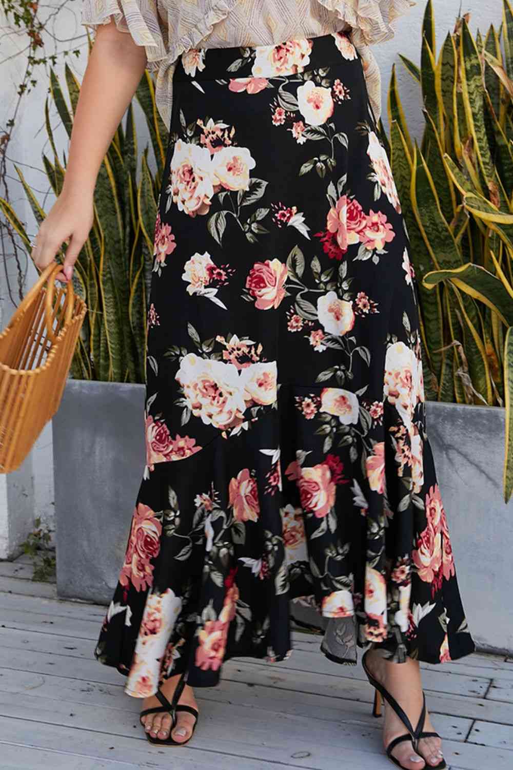 Plus Size Floral High-Rise Skirt Trendsi