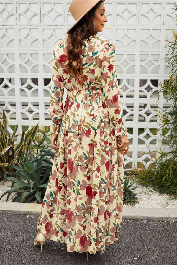 Floral Frill Trim Flounce Sleeve Plunge Maxi Dress Bazaarbey