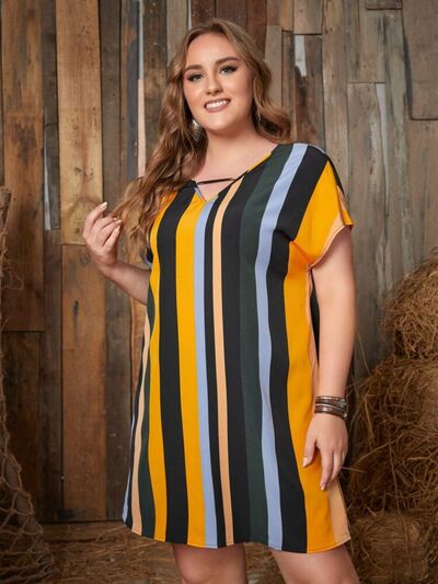 Plus Size Striped Short Sleeve Mini Dress -BazaarBey - www.shopbazaarbey.com