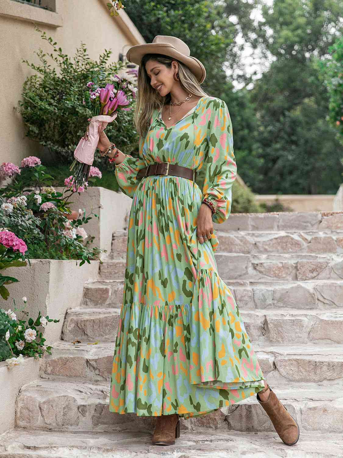 Printed Tie Neck Long Sleeve Maxi Dress Bazaarbey