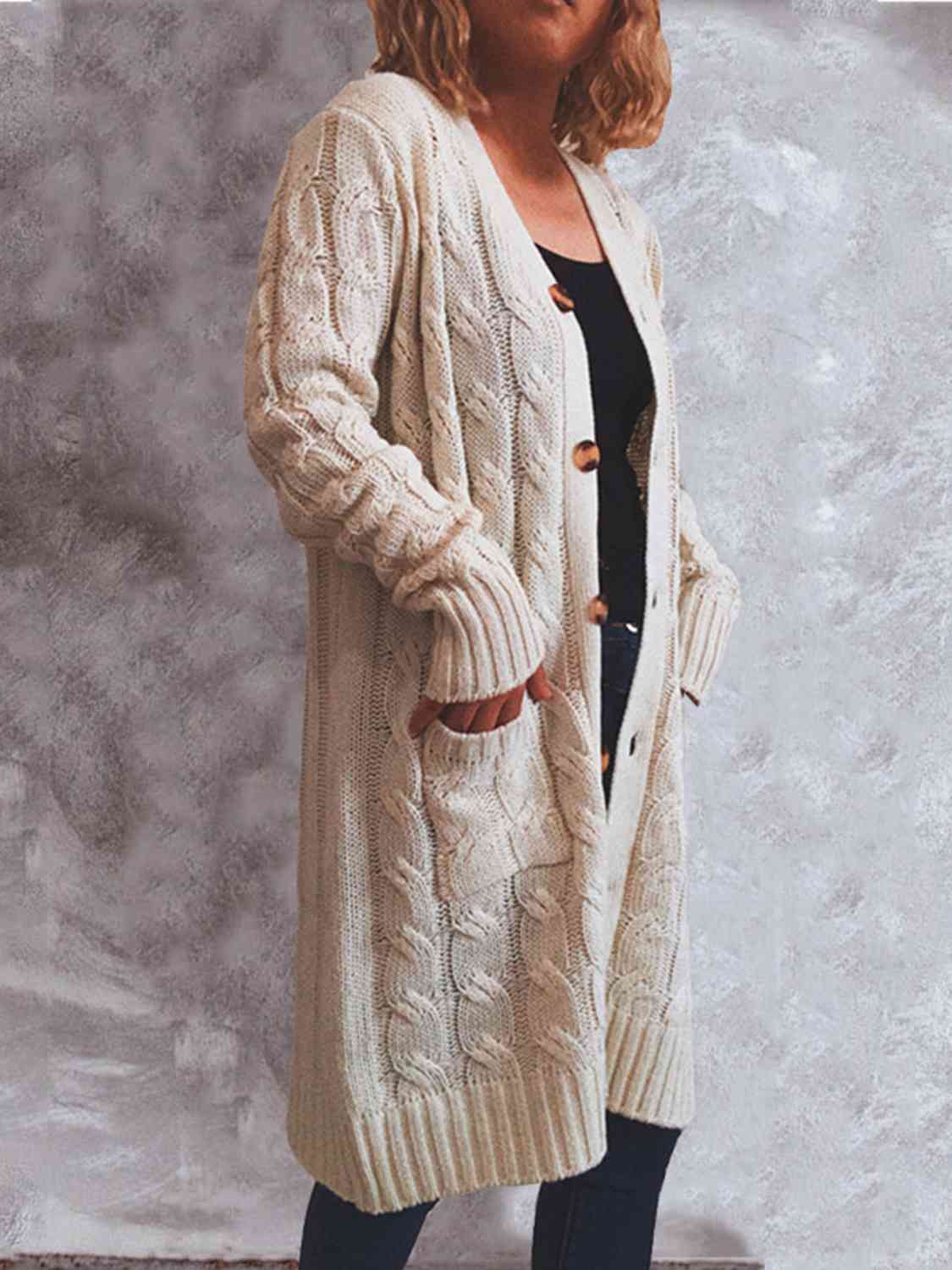 Button Up Cable-Knit Cardigan with Pockets Trendsi