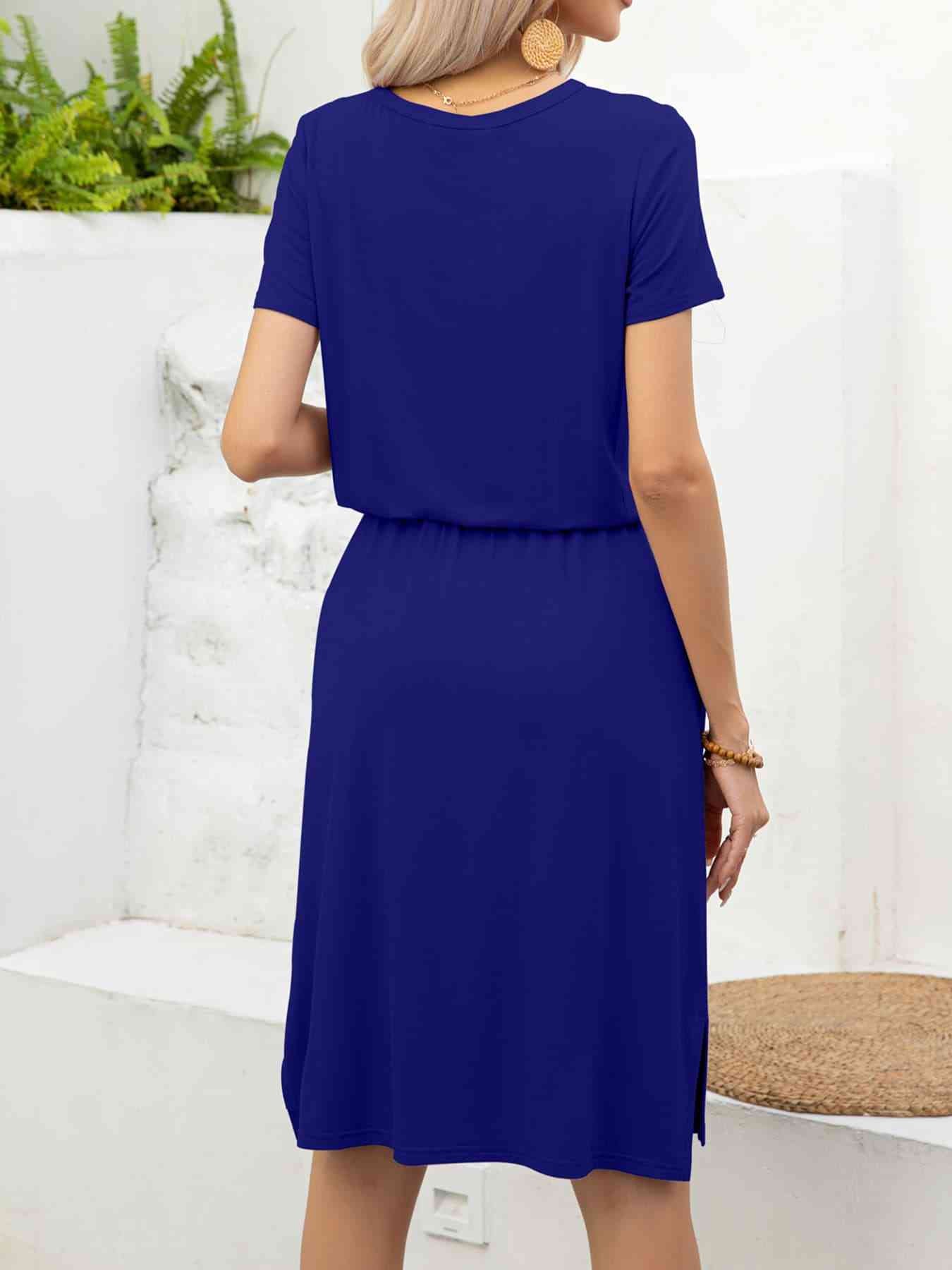 Round Neck Short Sleeve Slit Dress with Pockets -BazaarBey - www.shopbazaarbey.com
