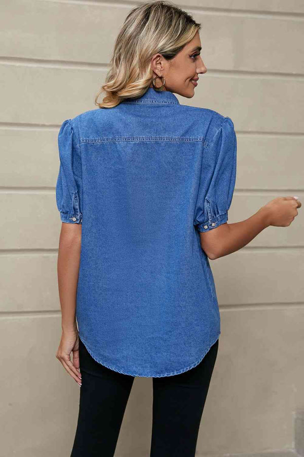 Puff Sleeve Collared Denim Top Bazaarbey