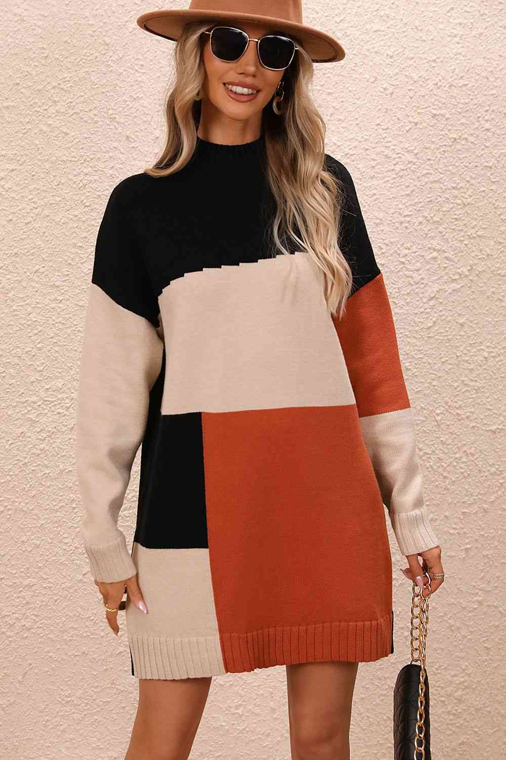 Color Block Mock Neck Dropped Shoulder Sweater Dress Bazaarbey