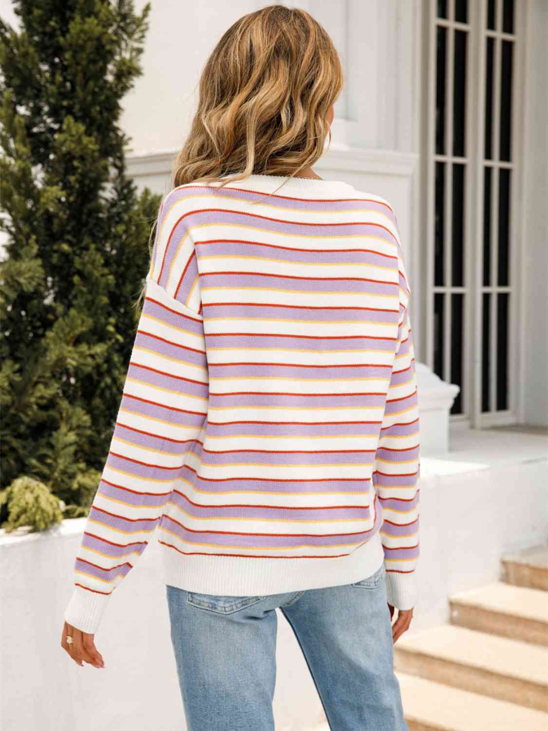 Striped Drop Shoulder Knit Top Trendsi