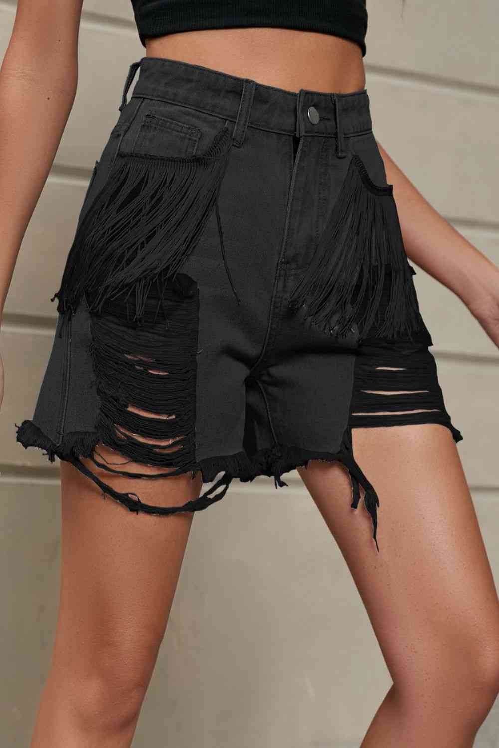 Fringe Trim Distressed Denim Shorts with Pockets Bazaarbey