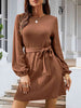 Round Neck Tie Front Long Sleeve Dress Bazaarbey