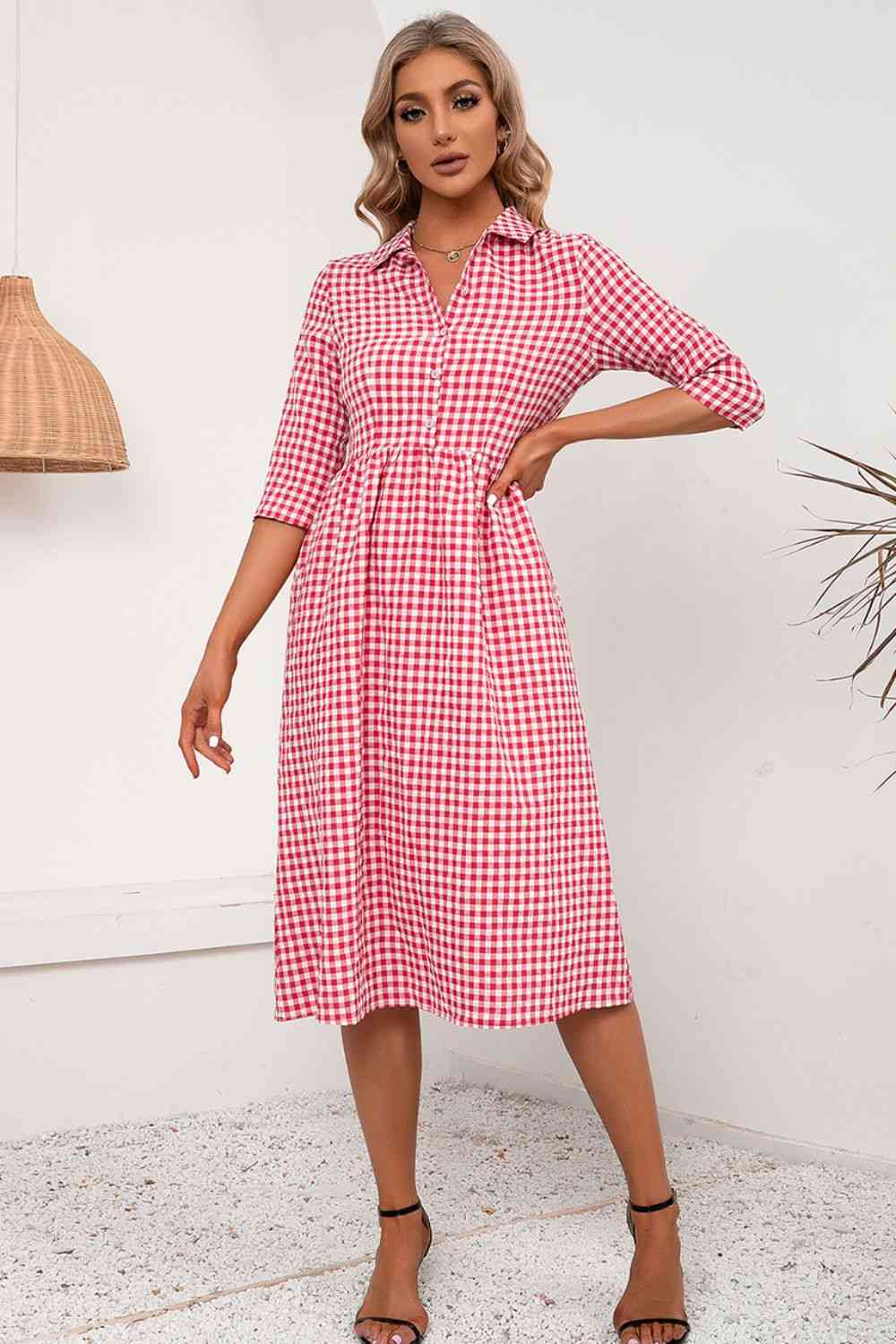 Plaid Collared Neck Midi Dress -BazaarBey - www.shopbazaarbey.com