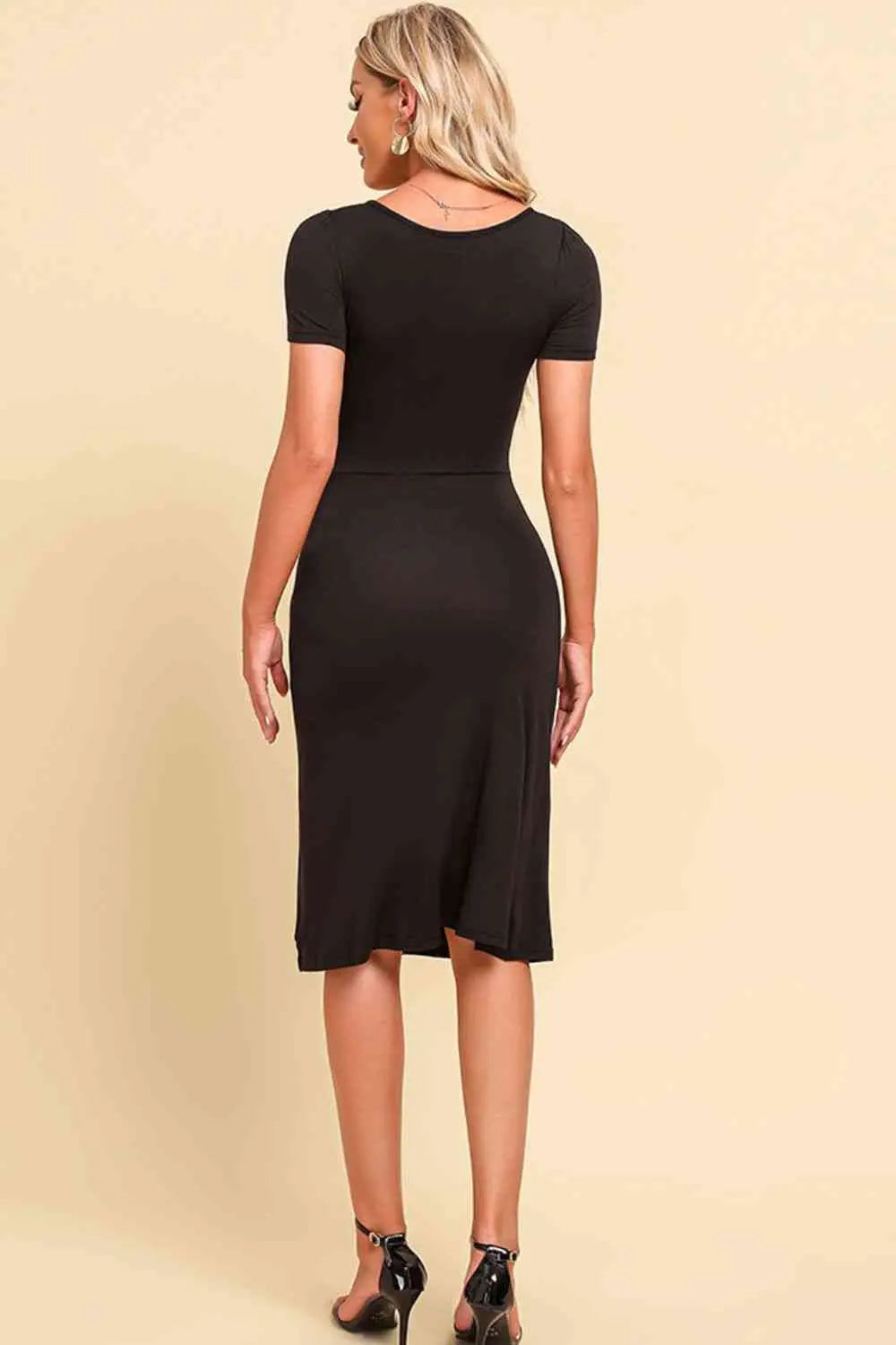 Ruched Sweetheart Neck Short Sleeve Slit Dress -BazaarBey - www.shopbazaarbey.com